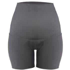 Women Maternity Shorts Seamless Pregnancy Underwear Shapewear Fitness Yoga Running Shorts High Waist Over The Belly Pants with Two Side Pockets (Option: PregnantShortsGRY2XL)